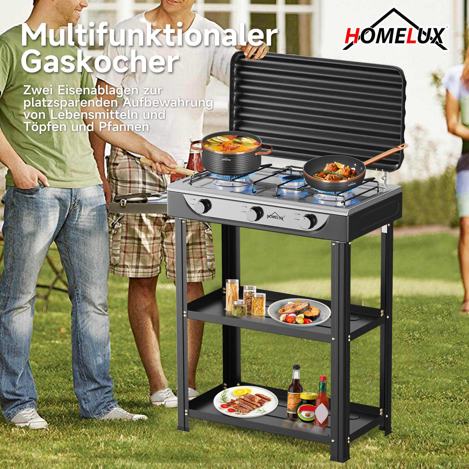 HOMELUX 3-flammiger 5,4 kW Gaskocher Camping Gaskocher mit Regalen mit 1,5 m Anschlussschlauch und 50 mbar Druckminderer