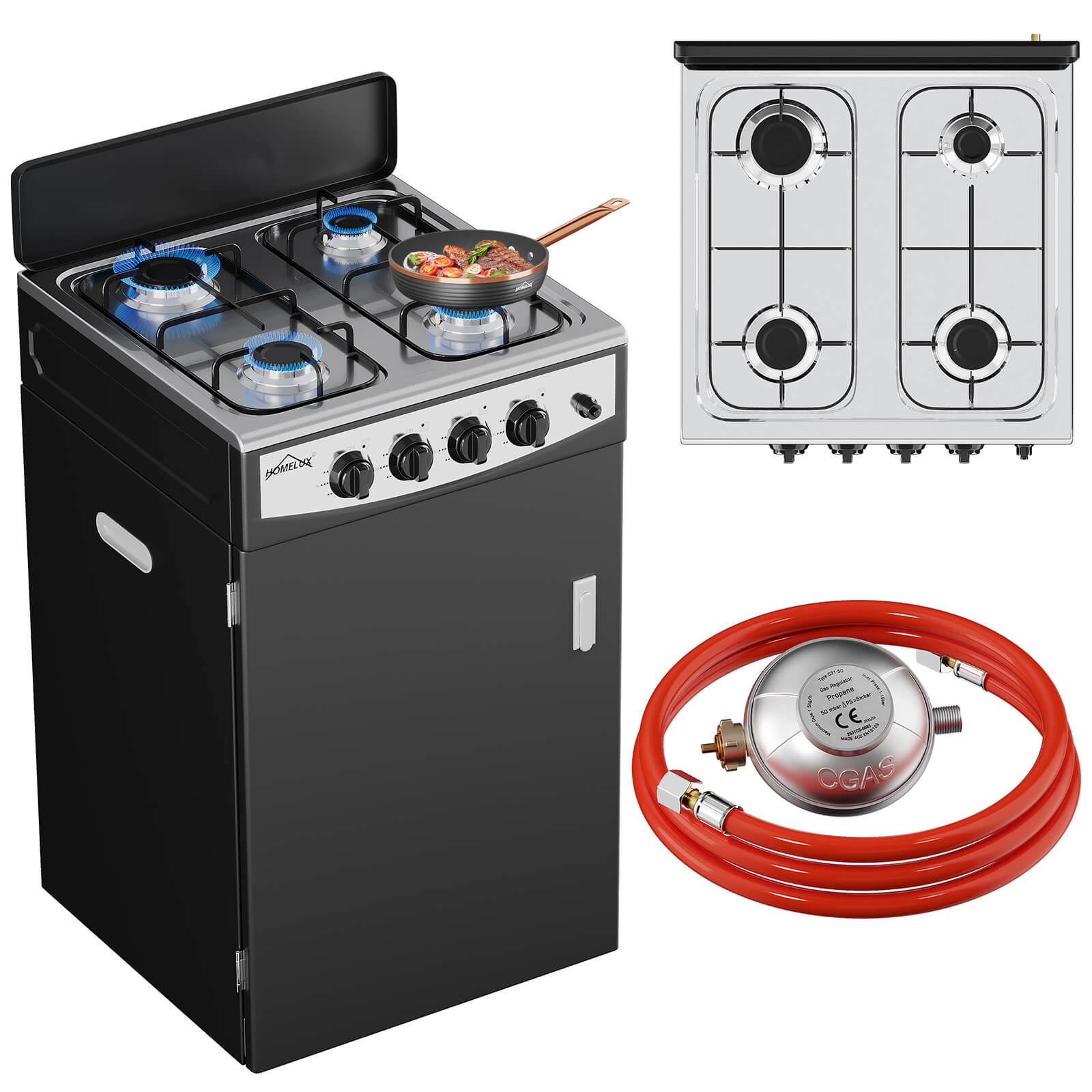 HOMELUX 4-flammiger Camping Gaskocher mit Aufbewahrungsbox 6,2 kW Gaskocher mit 1,5 m Anschlussschlauch und 50 mbar Druckminderer