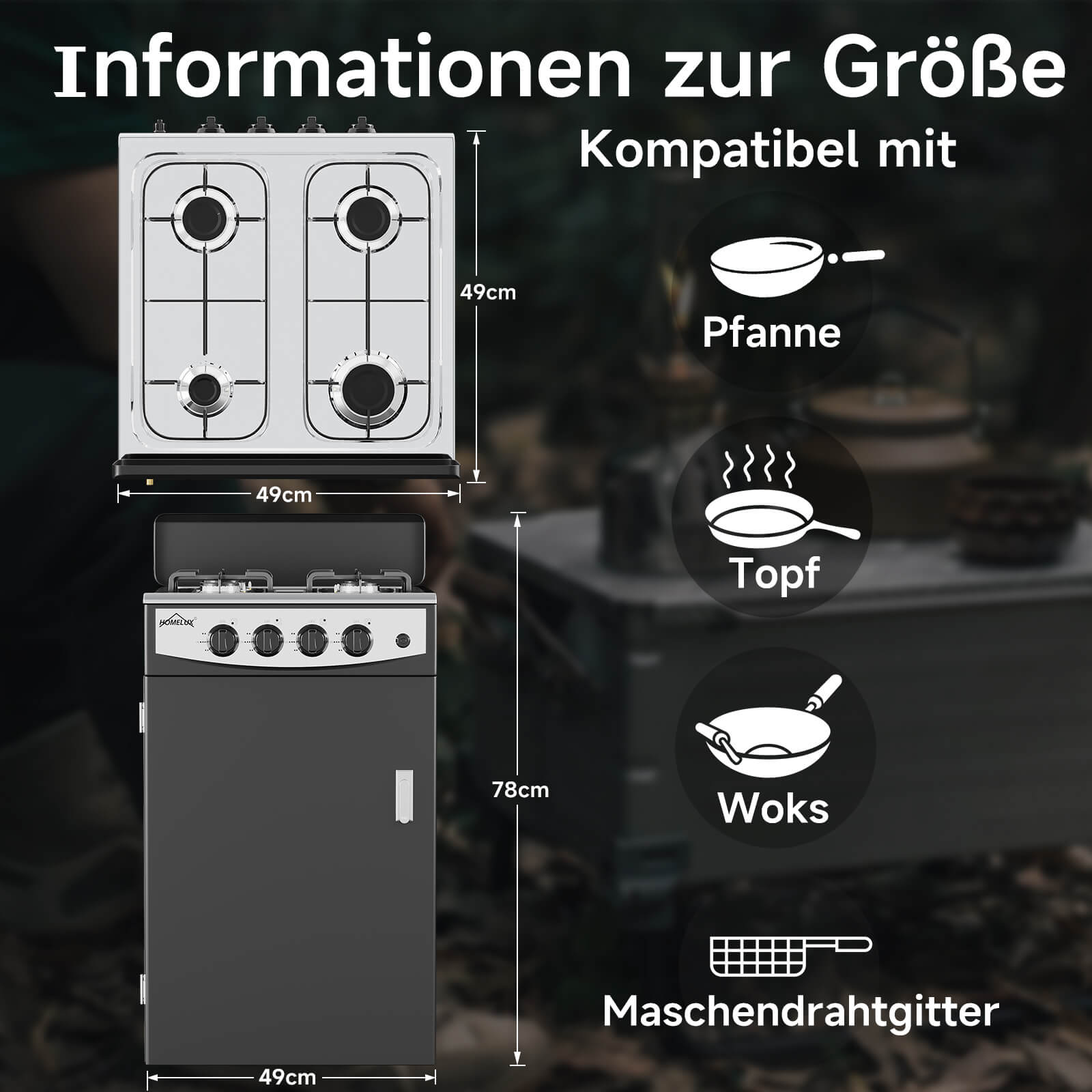 HOMELUX 4-flammiger Camping Gaskocher mit Aufbewahrungsbox 6,2 kW Gaskocher mit 1,5 m Anschlussschlauch und 50 mbar Druckminderer