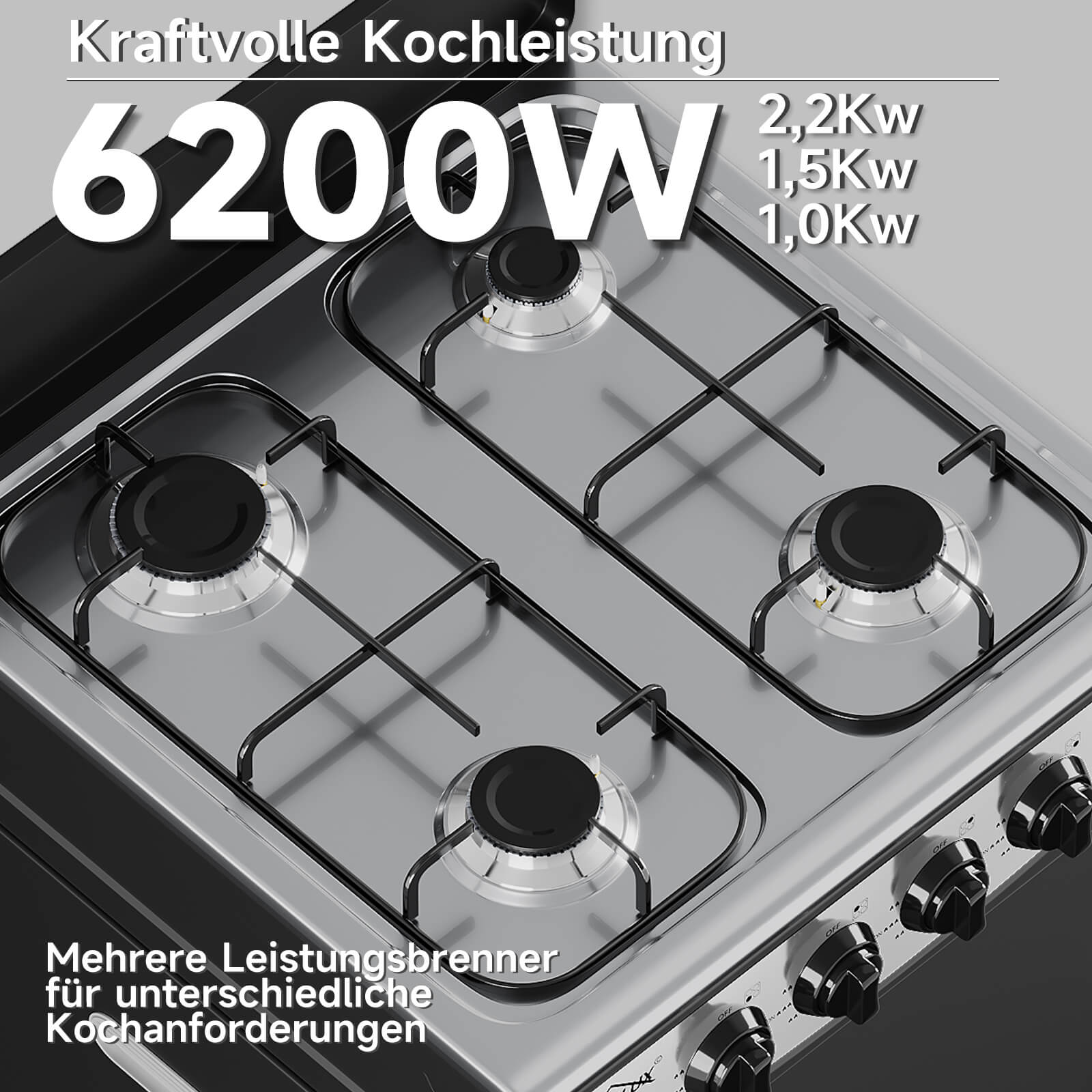 HOMELUX 4-flammiger Camping Gaskocher mit Aufbewahrungsbox 6,2 kW Gaskocher mit 1,5 m Anschlussschlauch und 50 mbar Druckminderer