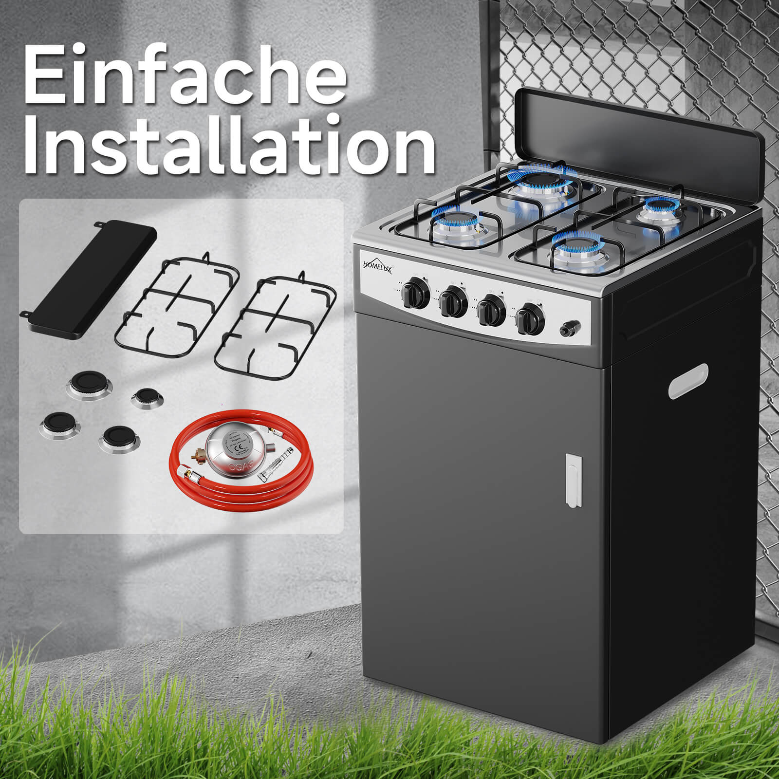 HOMELUX 4-flammiger Camping Gaskocher mit Aufbewahrungsbox 6,2 kW Gaskocher mit 1,5 m Anschlussschlauch und 50 mbar Druckminderer