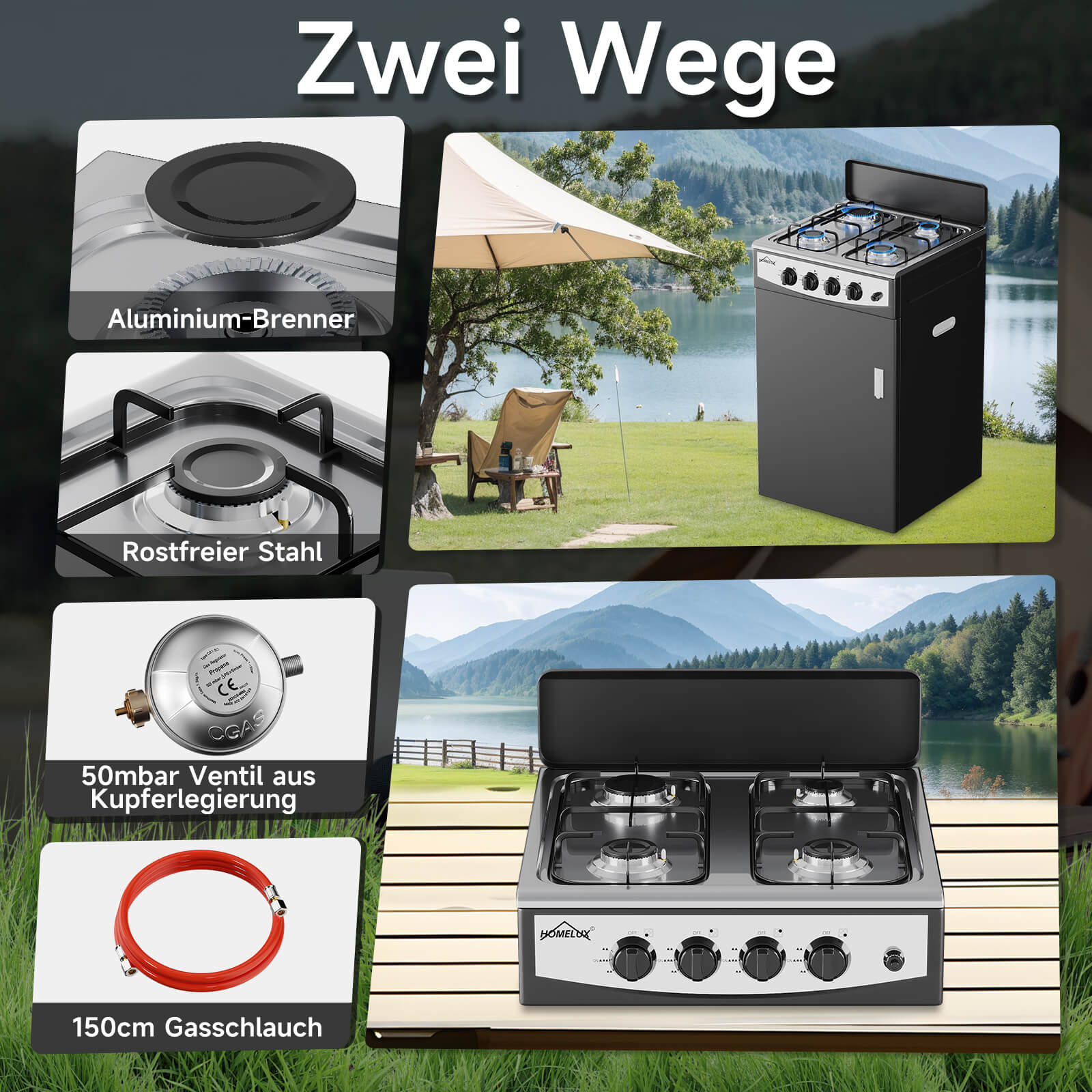 HOMELUX 4-flammiger Camping Gaskocher mit Aufbewahrungsbox 6,2 kW Gaskocher mit 1,5 m Anschlussschlauch und 50 mbar Druckminderer