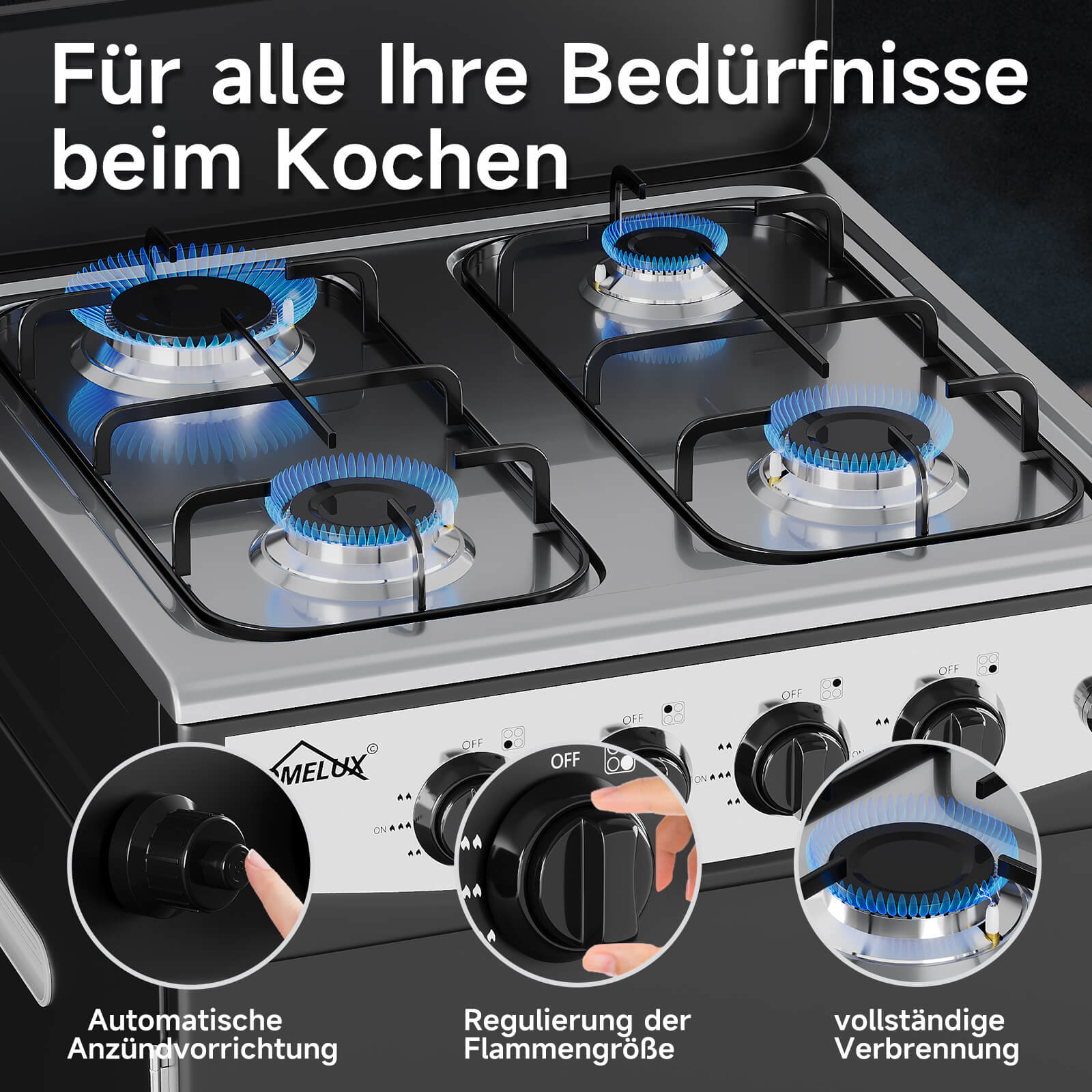 HOMELUX 4-flammiger Camping Gaskocher mit Aufbewahrungsbox 6,2 kW Gaskocher mit 1,5 m Anschlussschlauch und 50 mbar Druckminderer