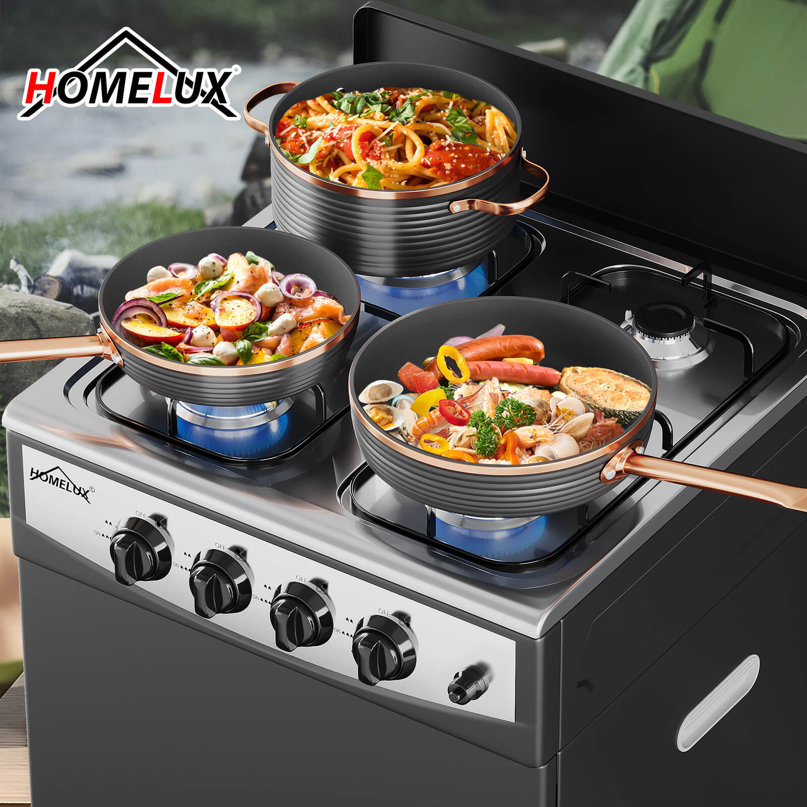HOMELUX 4-flammiger Camping Gaskocher mit Aufbewahrungsbox 6,2 kW Gaskocher mit 1,5 m Anschlussschlauch und 50 mbar Druckminderer