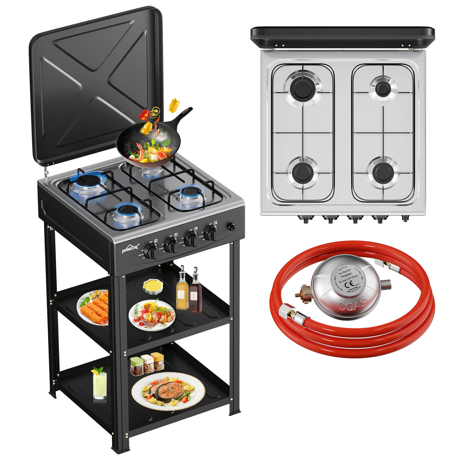 HOMELUX 4-flammiger Camping Gaskocher mit Regalen 6,2 kW Gaskocher mit 1,5 m Anschlussschlauch und 50 mbar Druckminderer