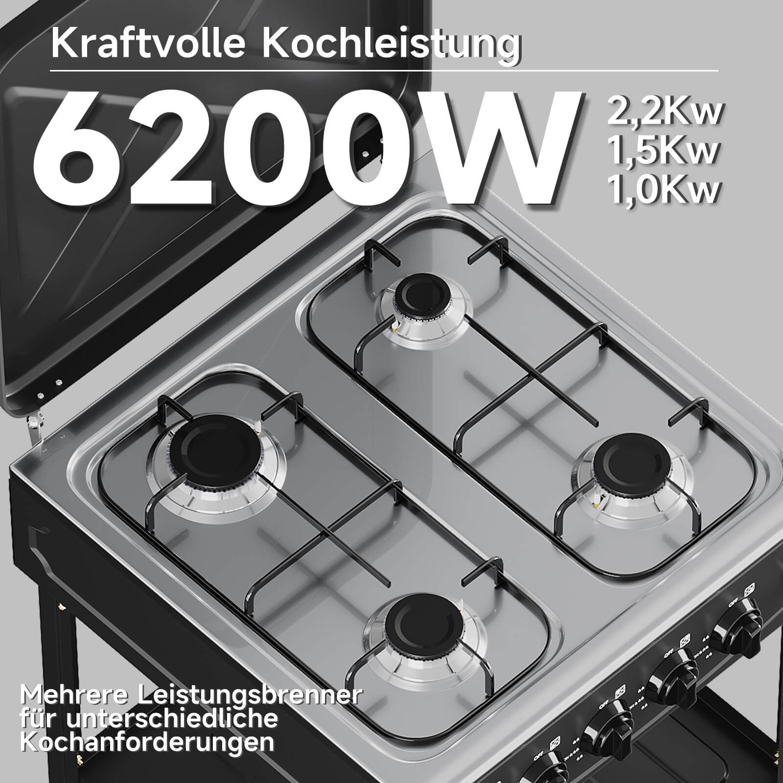 HOMELUX 4-flammiger Camping Gaskocher mit Regalen 6,2 kW Gaskocher mit 1,5 m Anschlussschlauch und 50 mbar Druckminderer