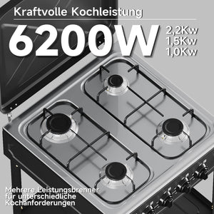 HOMELUX 4-flammiger Camping Gaskocher mit Regalen 6,2 kW Gaskocher mit 1,5 m Anschlussschlauch und 50 mbar Druckminderer