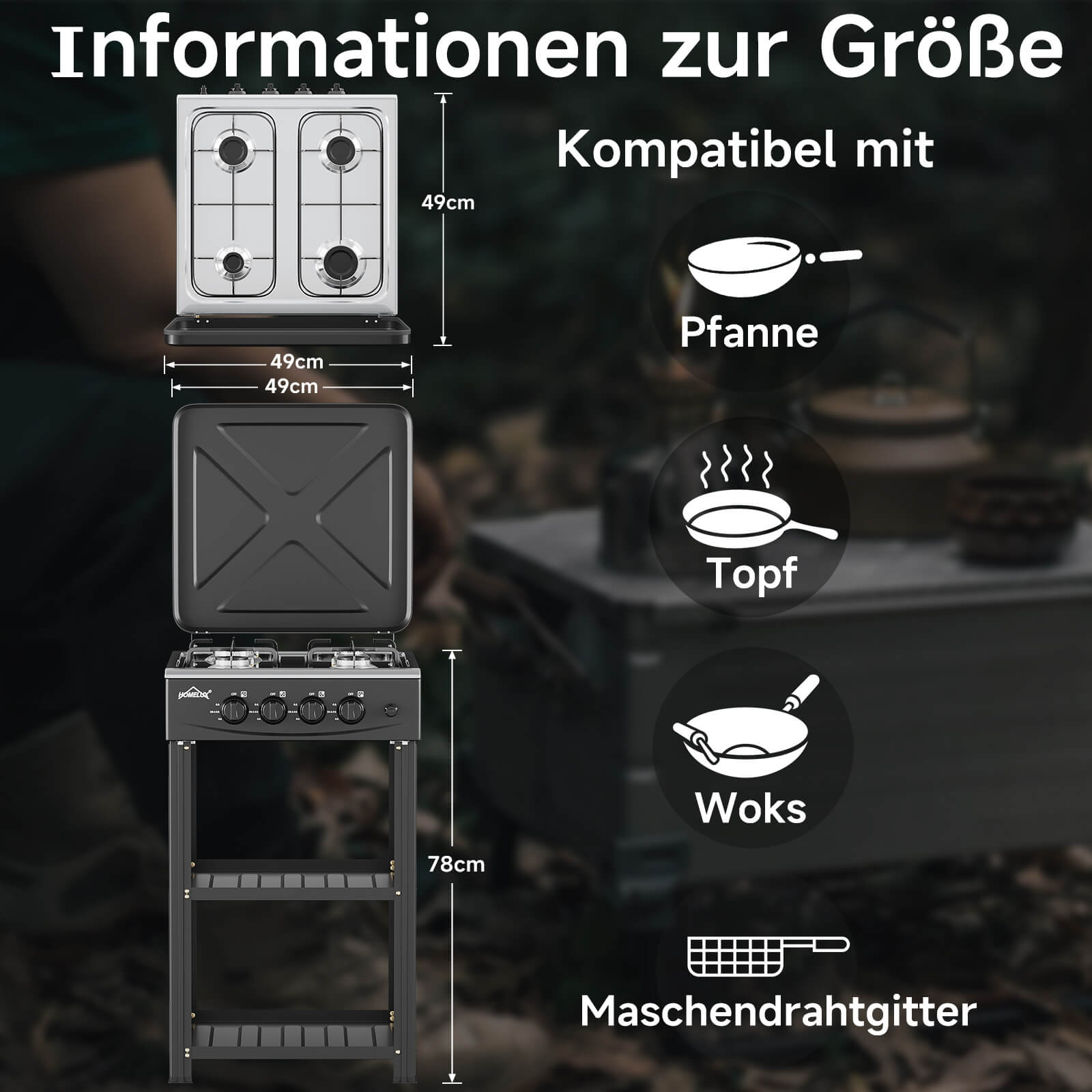 HOMELUX 4-flammiger Camping Gaskocher mit Regalen 6,2 kW Gaskocher mit 1,5 m Anschlussschlauch und 50 mbar Druckminderer