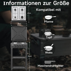HOMELUX 4-flammiger Camping Gaskocher mit Regalen 6,2 kW Gaskocher mit 1,5 m Anschlussschlauch und 50 mbar Druckminderer