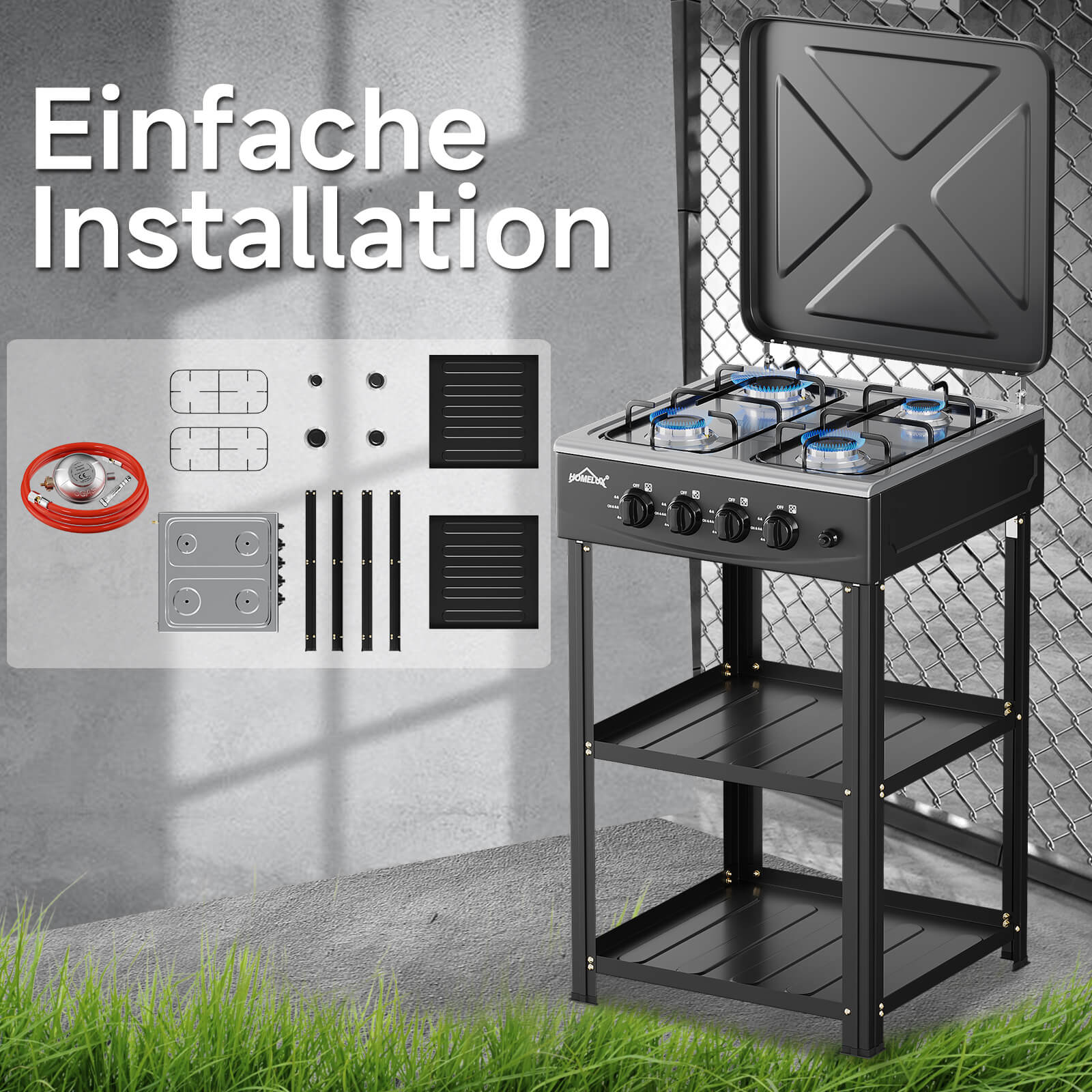 HOMELUX 4-flammiger Camping Gaskocher mit Regalen 6,2 kW Gaskocher mit 1,5 m Anschlussschlauch und 50 mbar Druckminderer