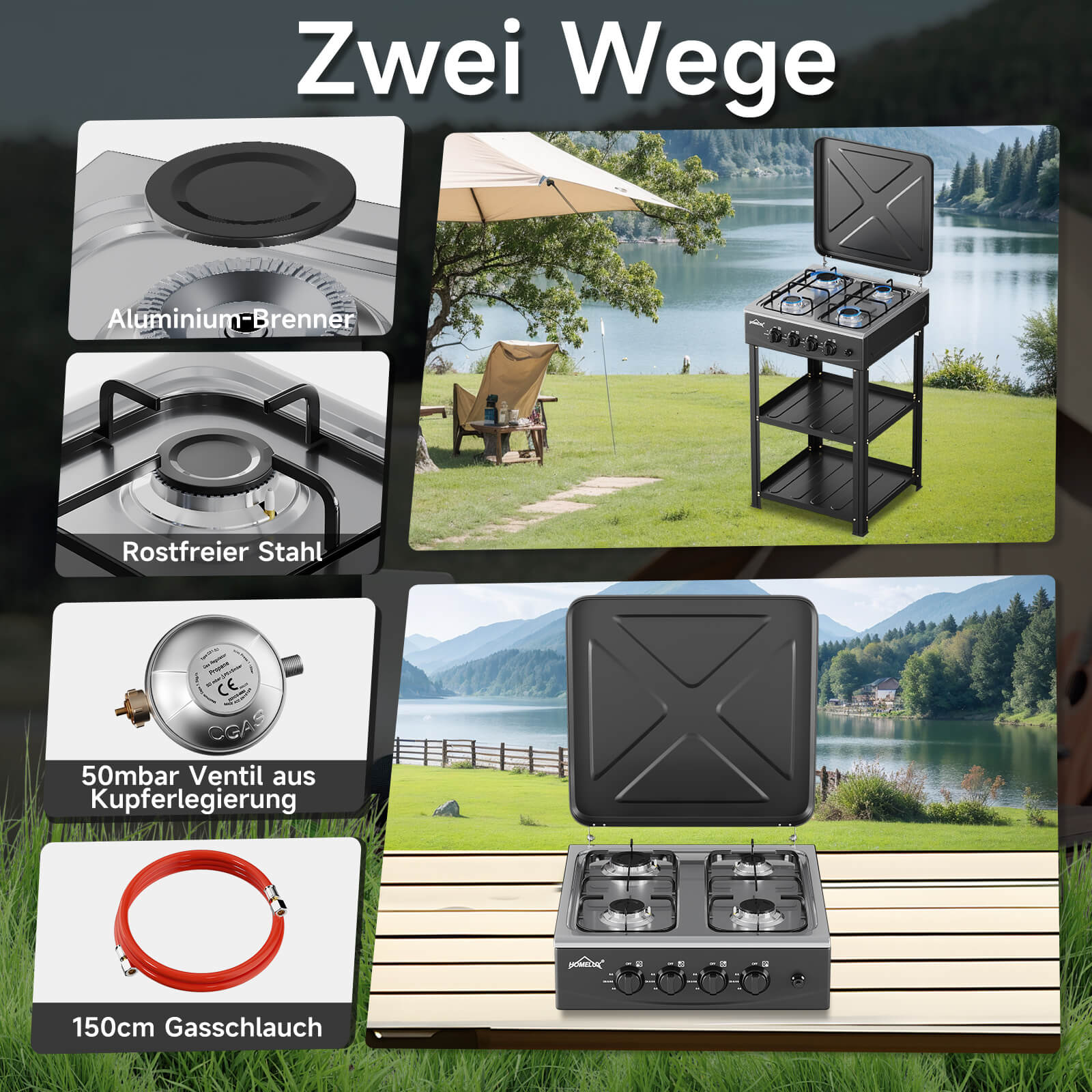 HOMELUX 4-flammiger Camping Gaskocher mit Regalen 6,2 kW Gaskocher mit 1,5 m Anschlussschlauch und 50 mbar Druckminderer