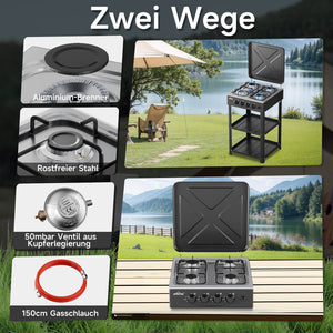 HOMELUX 4-flammiger Camping Gaskocher mit Regalen 6,2 kW Gaskocher mit 1,5 m Anschlussschlauch und 50 mbar Druckminderer