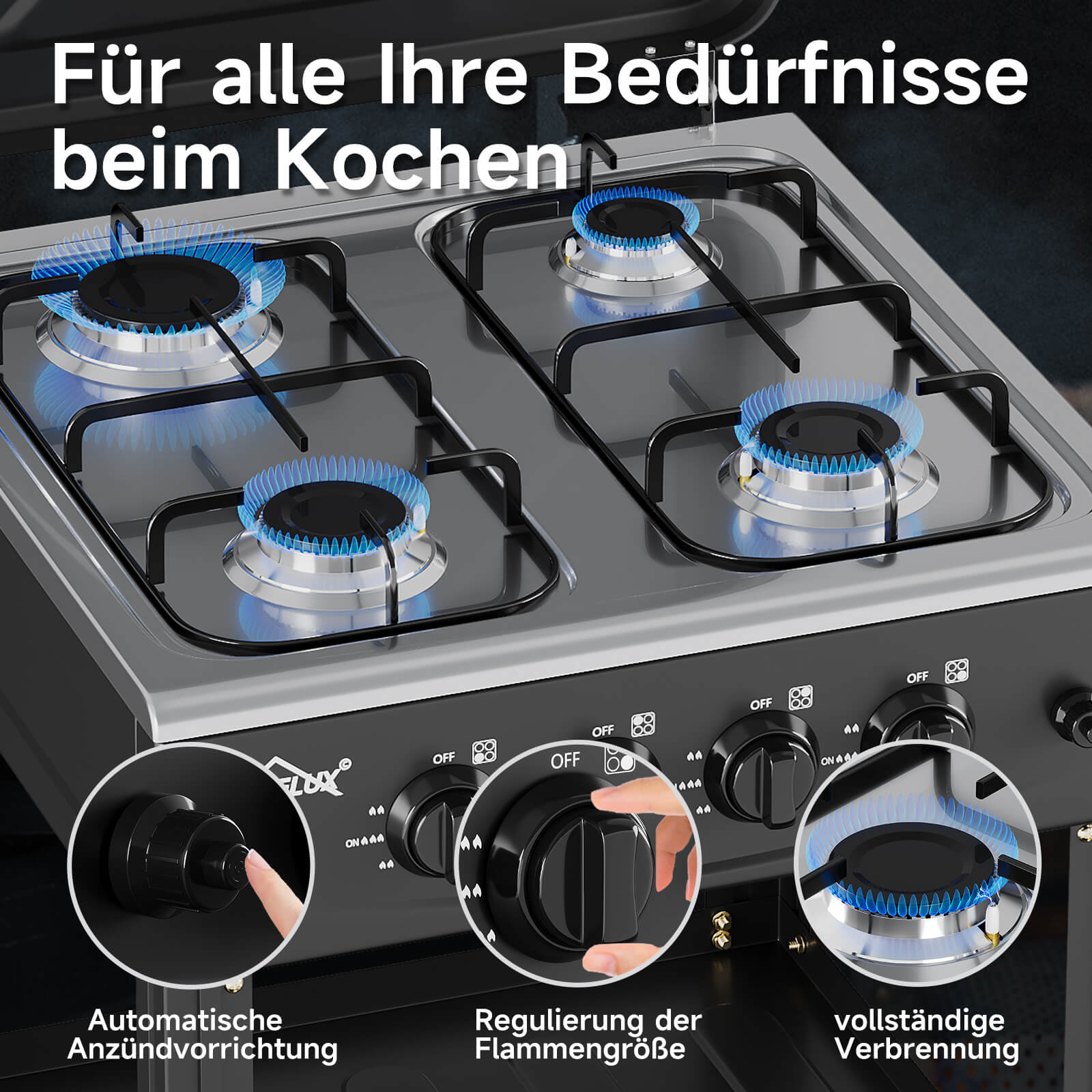 HOMELUX 4-flammiger Camping Gaskocher mit Regalen 6,2 kW Gaskocher mit 1,5 m Anschlussschlauch und 50 mbar Druckminderer