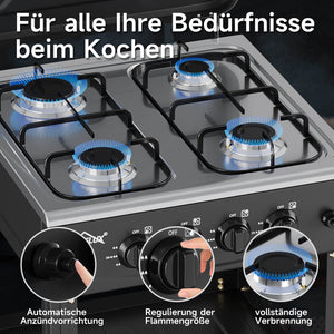HOMELUX 4-flammiger Camping Gaskocher mit Regalen 6,2 kW Gaskocher mit 1,5 m Anschlussschlauch und 50 mbar Druckminderer