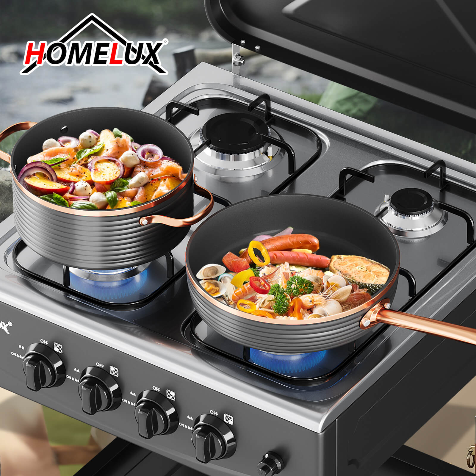 HOMELUX 4-flammiger Camping Gaskocher mit Regalen 6,2 kW Gaskocher mit 1,5 m Anschlussschlauch und 50 mbar Druckminderer