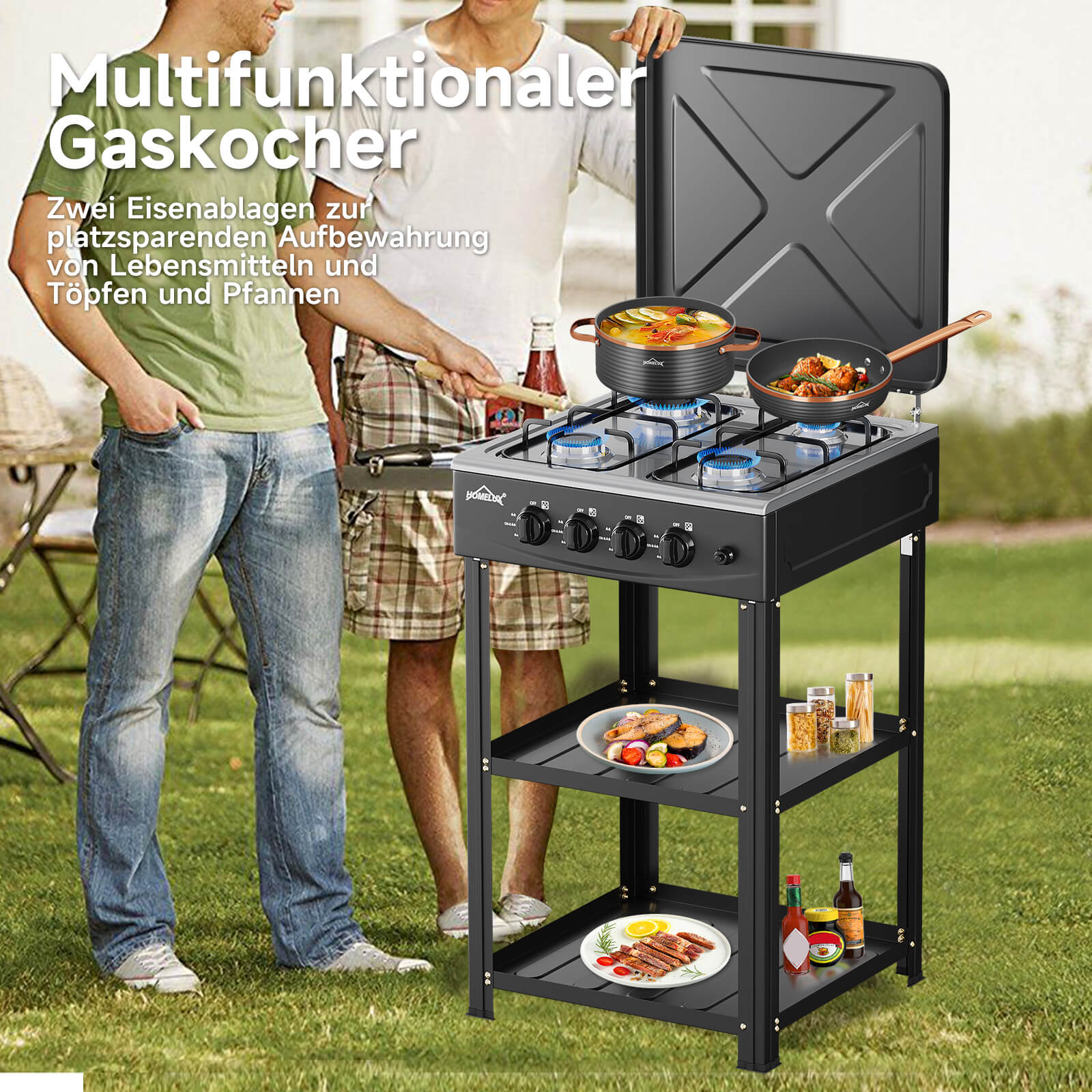 HOMELUX 4-flammiger Camping Gaskocher mit Regalen 6,2 kW Gaskocher mit 1,5 m Anschlussschlauch und 50 mbar Druckminderer