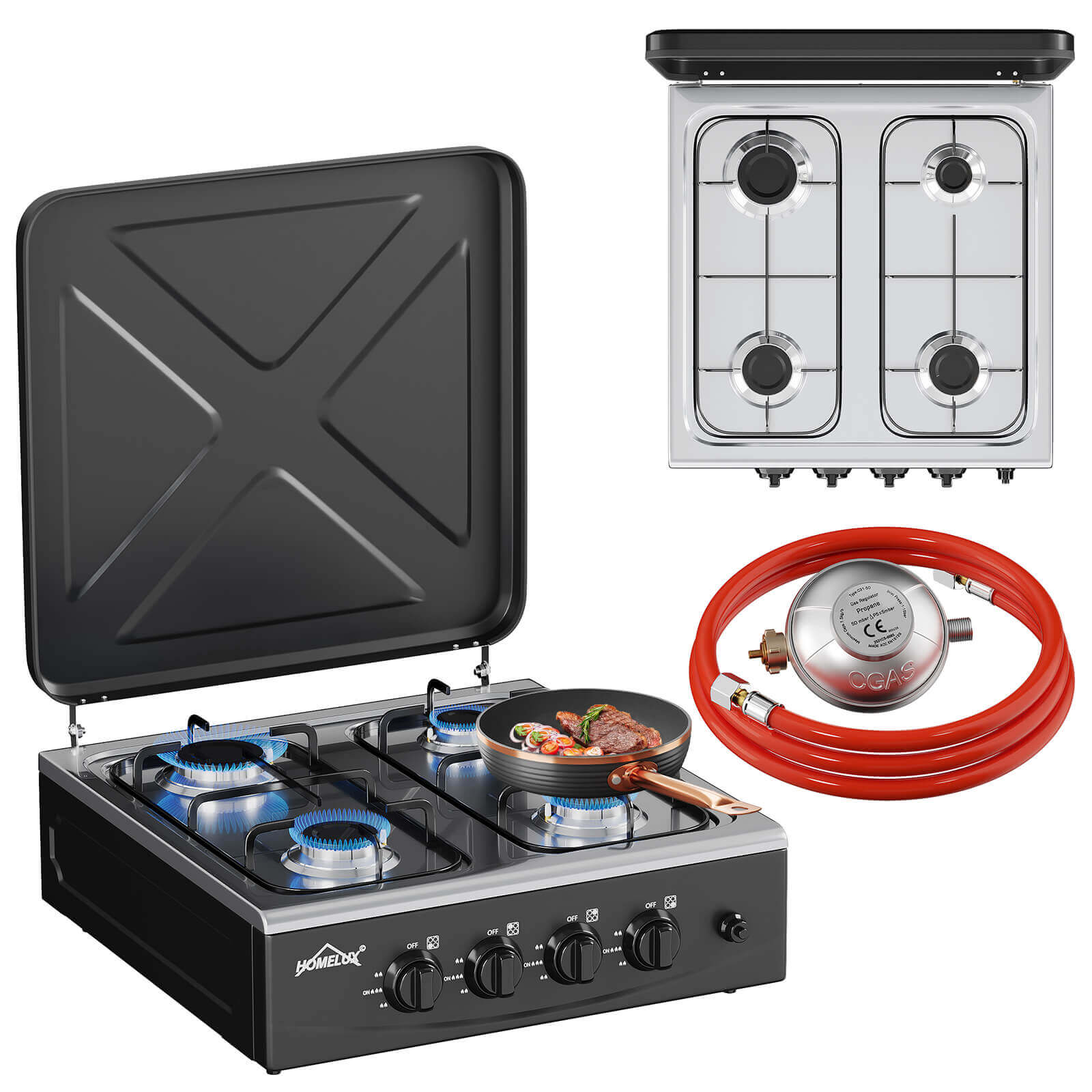 HOMELUX 4-flammiger Camping Gaskocher 6,2 kW Outdoor Kocher mit 1,5 m Anschlussschlauch & 50 mbar Druckminderer