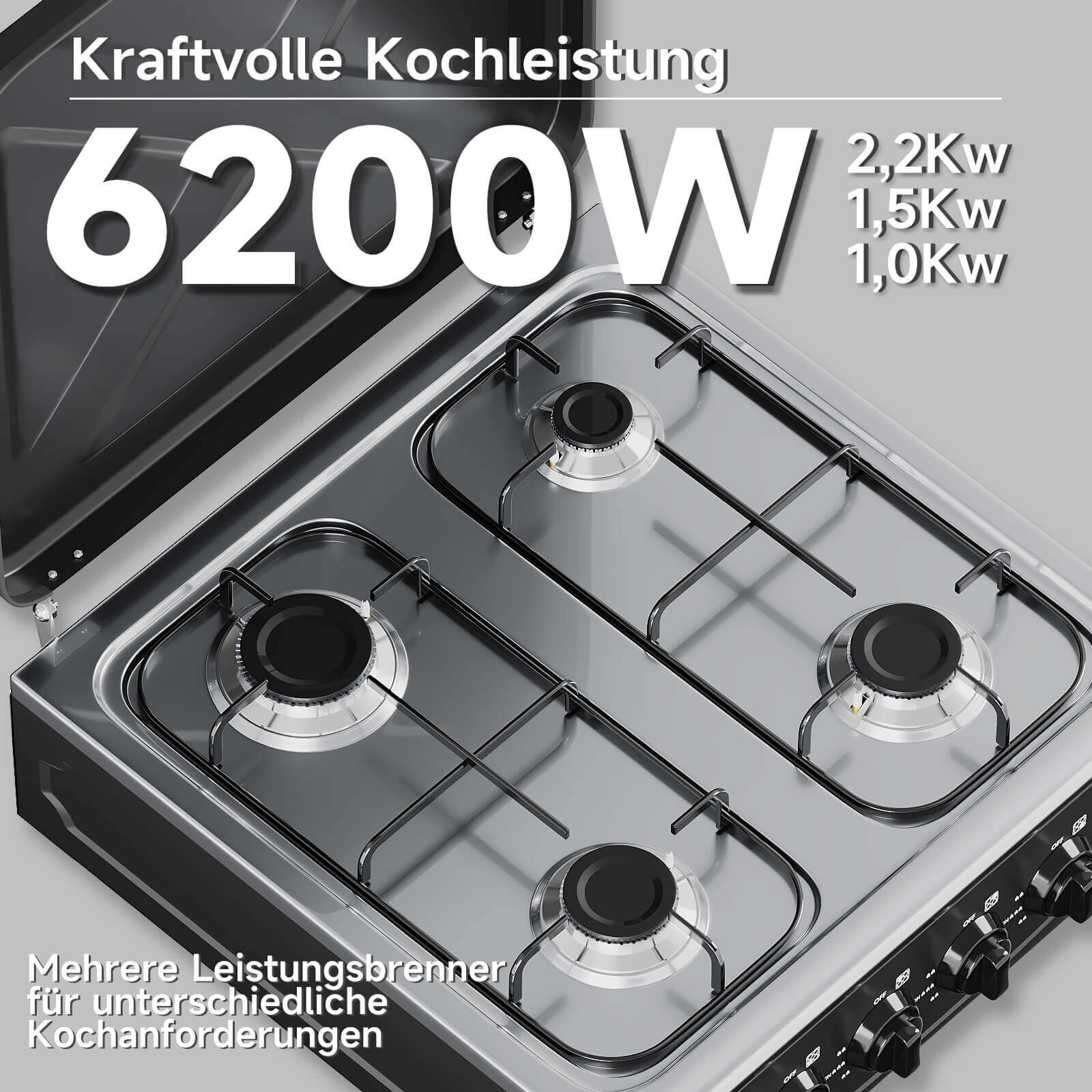 HOMELUX 4-flammiger Camping Gaskocher 6,2 kW Outdoor Kocher mit 1,5 m Anschlussschlauch & 50 mbar Druckminderer