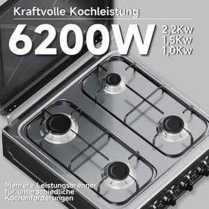 HOMELUX 4-flammiger Camping Gaskocher 6,2 kW Outdoor Kocher mit 1,5 m Anschlussschlauch & 50 mbar Druckminderer