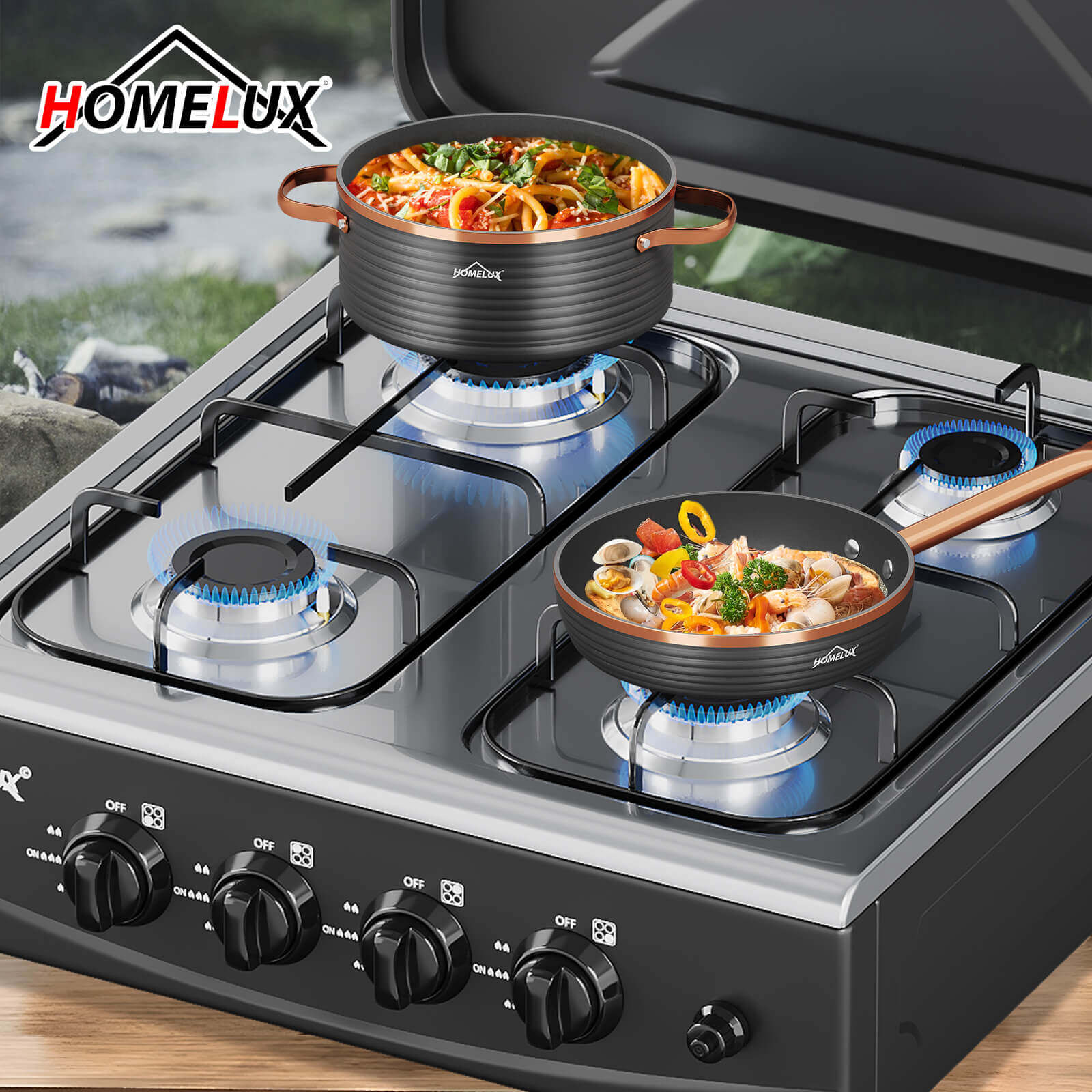HOMELUX 4-flammiger Camping Gaskocher 6,2 kW Outdoor Kocher mit 1,5 m Anschlussschlauch & 50 mbar Druckminderer