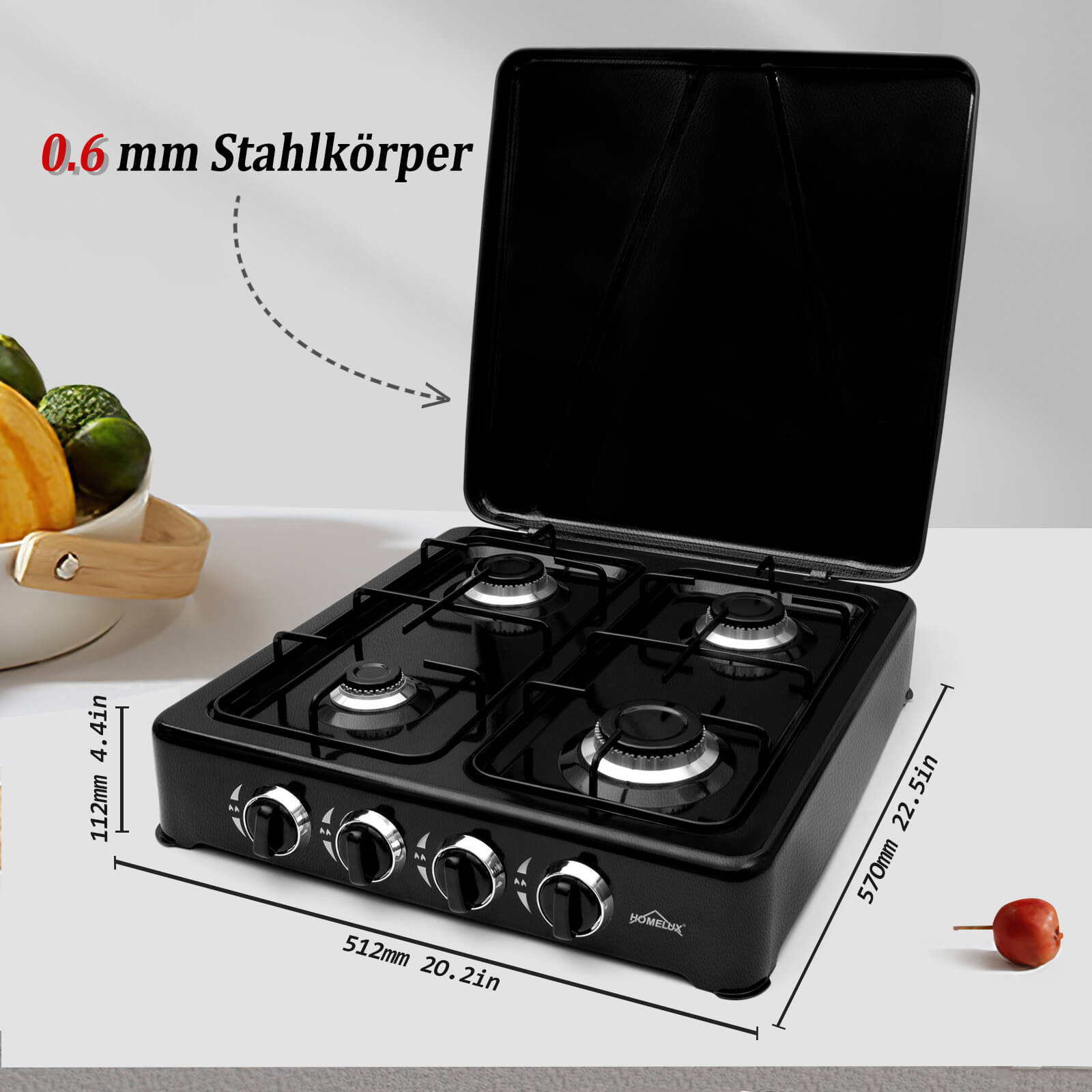 HOMELUX 6.2 KW gas cooker, 4 burner camping cooker hob cooker with lid stove gas outdoor