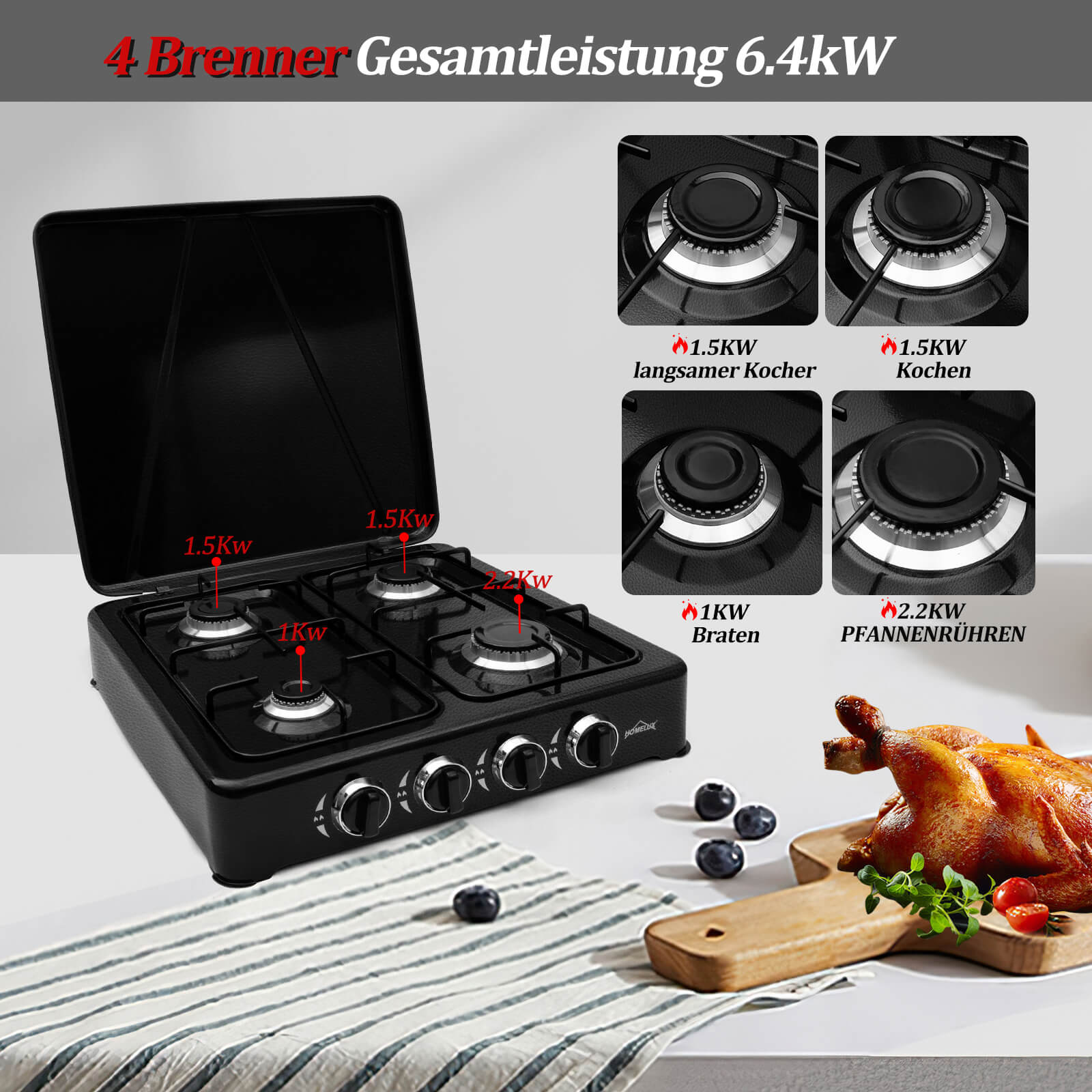 HOMELUX 6.2 KW gas cooker, 4 burner camping cooker hob cooker with lid stove gas outdoor