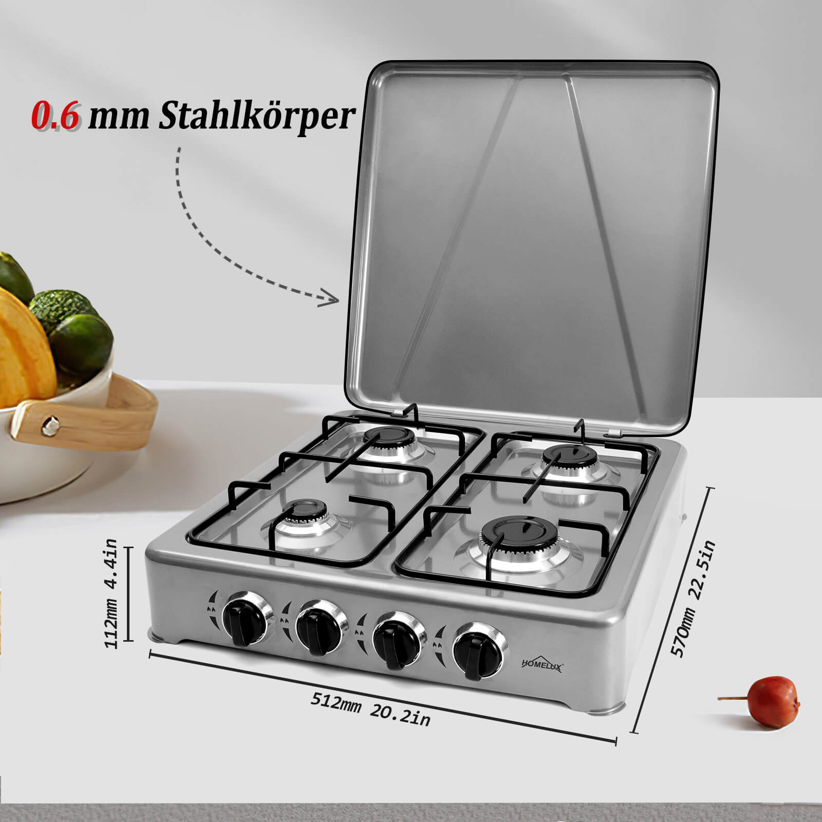 HOMELUX 6.2 KW gas cooker, 4 burner camping cooker hob cooker with lid stove gas outdoor
