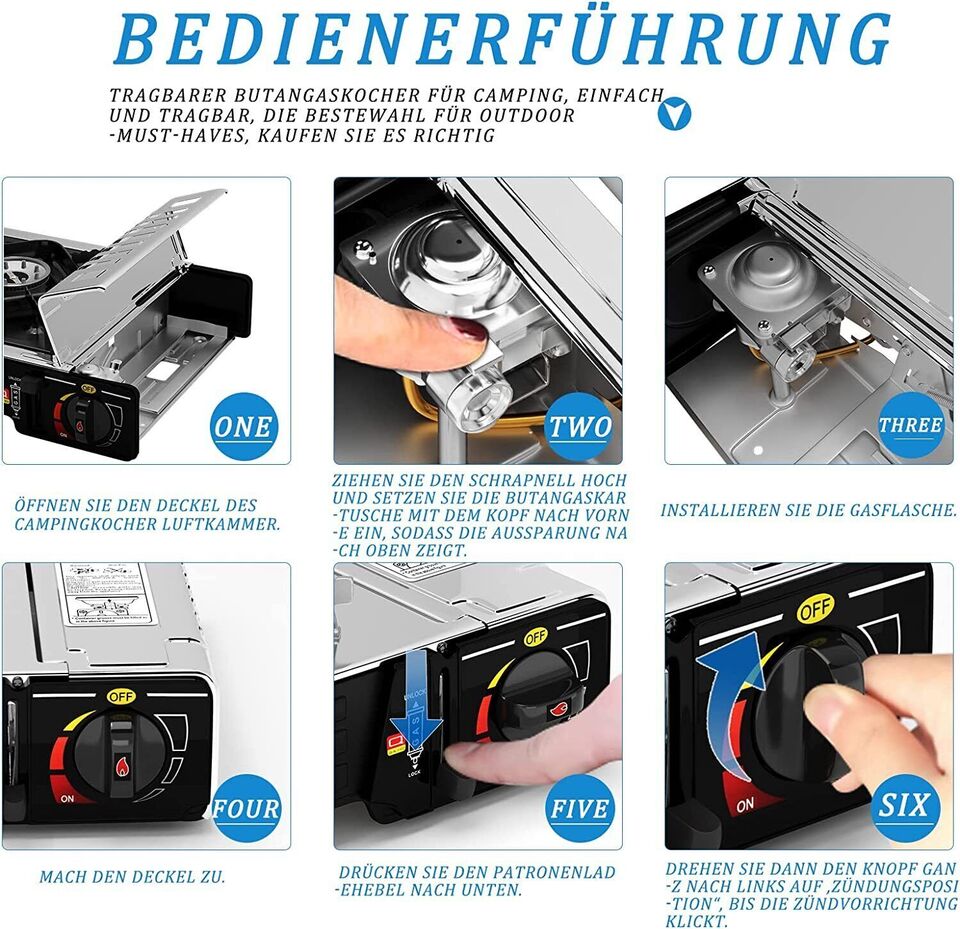 Homelux Campingkocher mit Sicherheitsverschluss für sicheres Kochen im Freien.