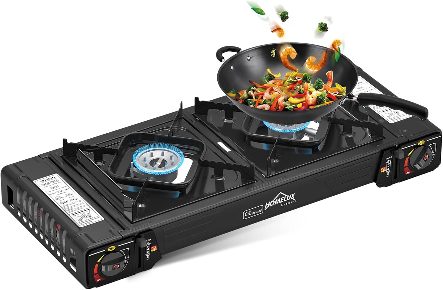 Gaskocher Campingkocher 2 Flammig HOMELUX Gaskocher mit Gaskartuschen & Grillplatter, für Grill Camper im Outdoor Camping