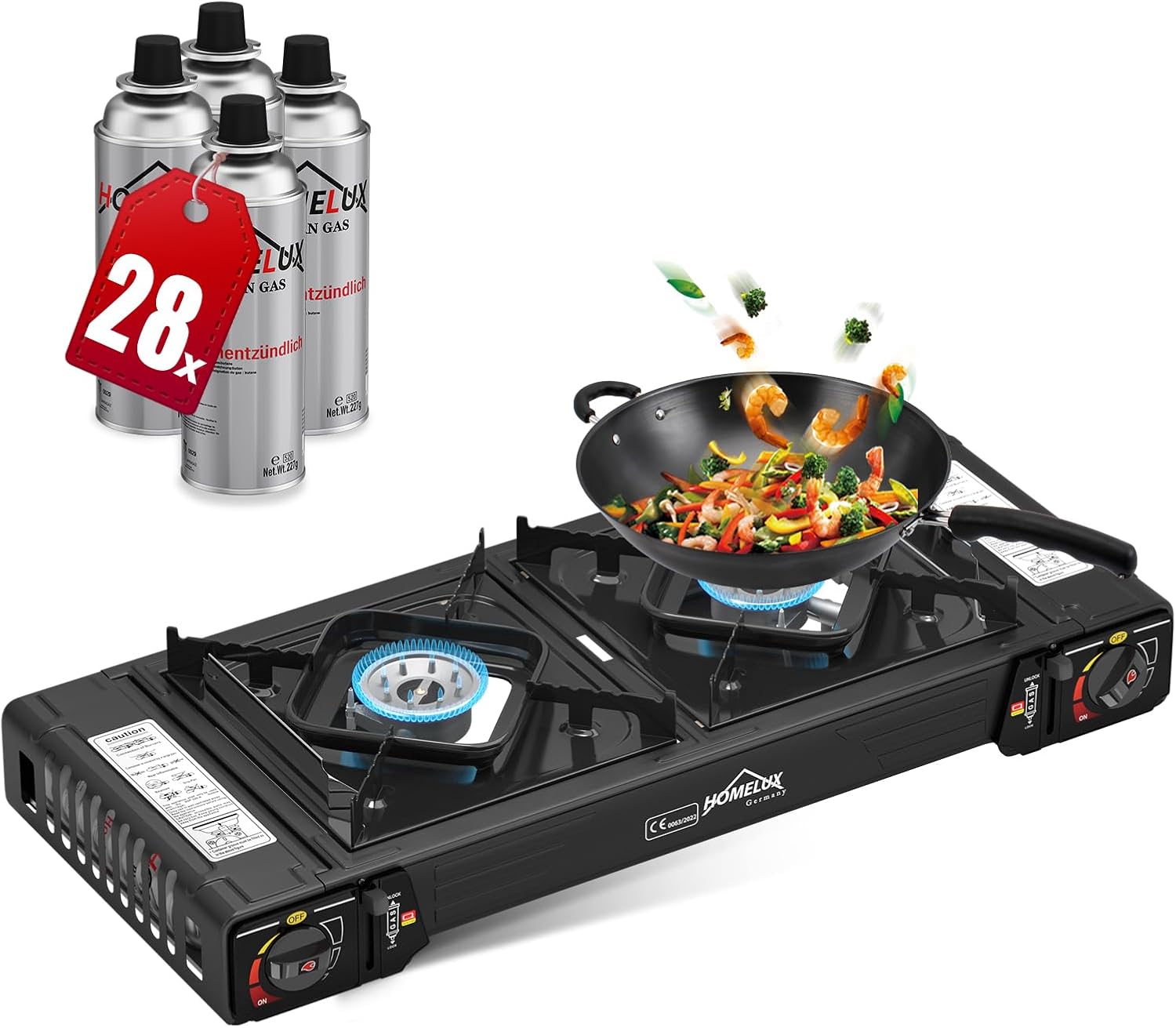 Gaskocher Campingkocher 2 Flammig HOMELUX Gaskocher mit Gaskartuschen & Grillplatter, für Grill Camper im Outdoor Camping