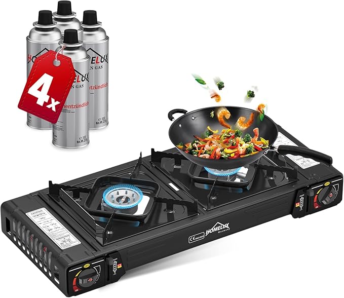 Gaskocher Campingkocher 2 Flammig HOMELUX Gaskocher mit Gaskartuschen & Grillplatter, für Grill Camper im Outdoor Camping