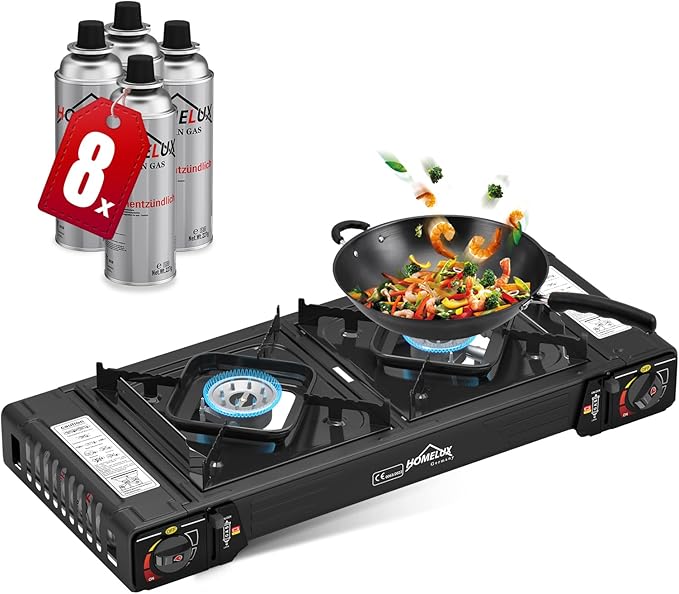 Gaskocher Campingkocher 2 Flammig HOMELUX Gaskocher mit Gaskartuschen & Grillplatter, für Grill Camper im Outdoor Camping