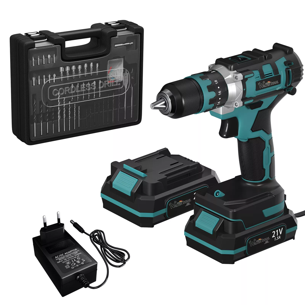 Akkuschrauber Set 21V mit 2 Batterien 1.5Ah, 2 Stufen, 18+1 Drehmomentstufen und LED-Beleuchtung, inkl. Schnelllader