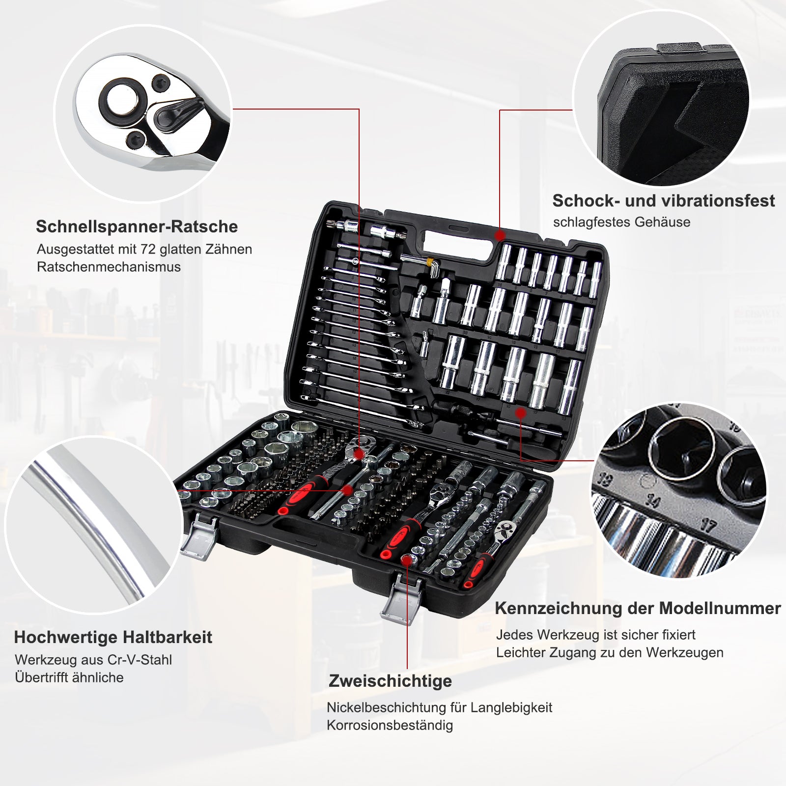 108-teiliges Steckschlüssel-Set mit 1/2 und 1/4 Zoll Knarren, E-Torx, Tief- und Flachnüssen im stabilen Koffer