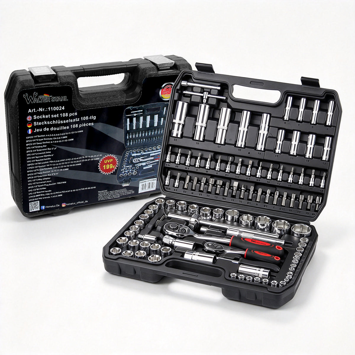 108-teiliges Steckschlüssel-Set mit 1/2 und 1/4 Zoll Knarren, E-Torx, Tief- und Flachnüssen im stabilen Koffer