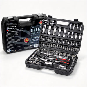 108-teiliges Steckschlüssel-Set mit 1/2 und 1/4 Zoll Knarren, E-Torx, Tief- und Flachnüssen im stabilen Koffer