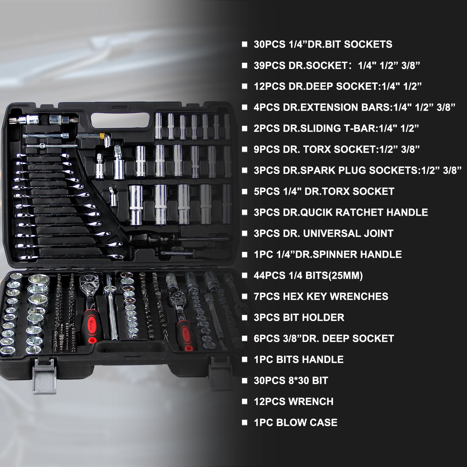 108-teiliges Steckschlüssel-Set mit 1/2 und 1/4 Zoll Knarren, E-Torx, Tief- und Flachnüssen im stabilen Koffer