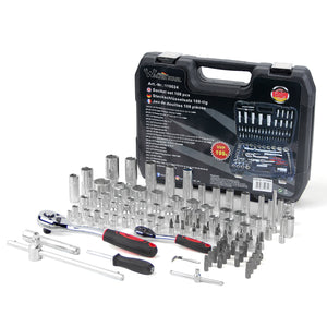 108-teiliges Steckschlüssel-Set mit 1/2 und 1/4 Zoll Knarren, E-Torx, Tief- und Flachnüssen im stabilen Koffer