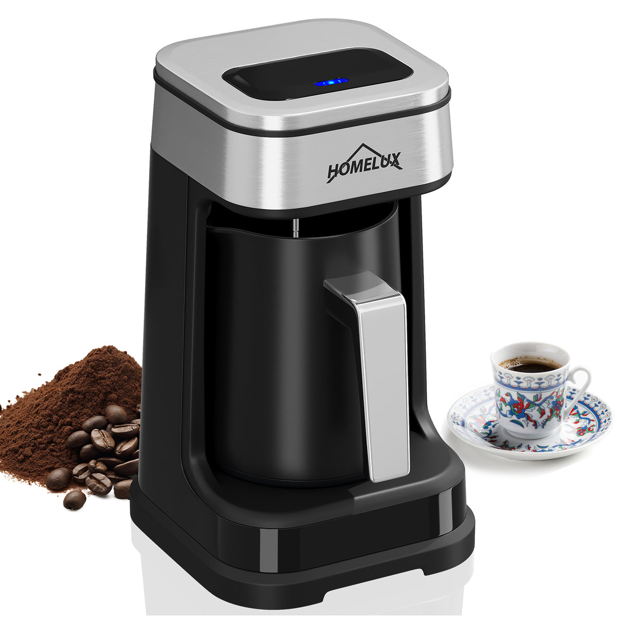 HOMELUX Türkische Kaffeemaschine 650W, Elektrischer Mokka-Zubereiter für 1-4 Tassen, 2 Brühmodi, Ein-Tasten-Bedienung, BPA-frei