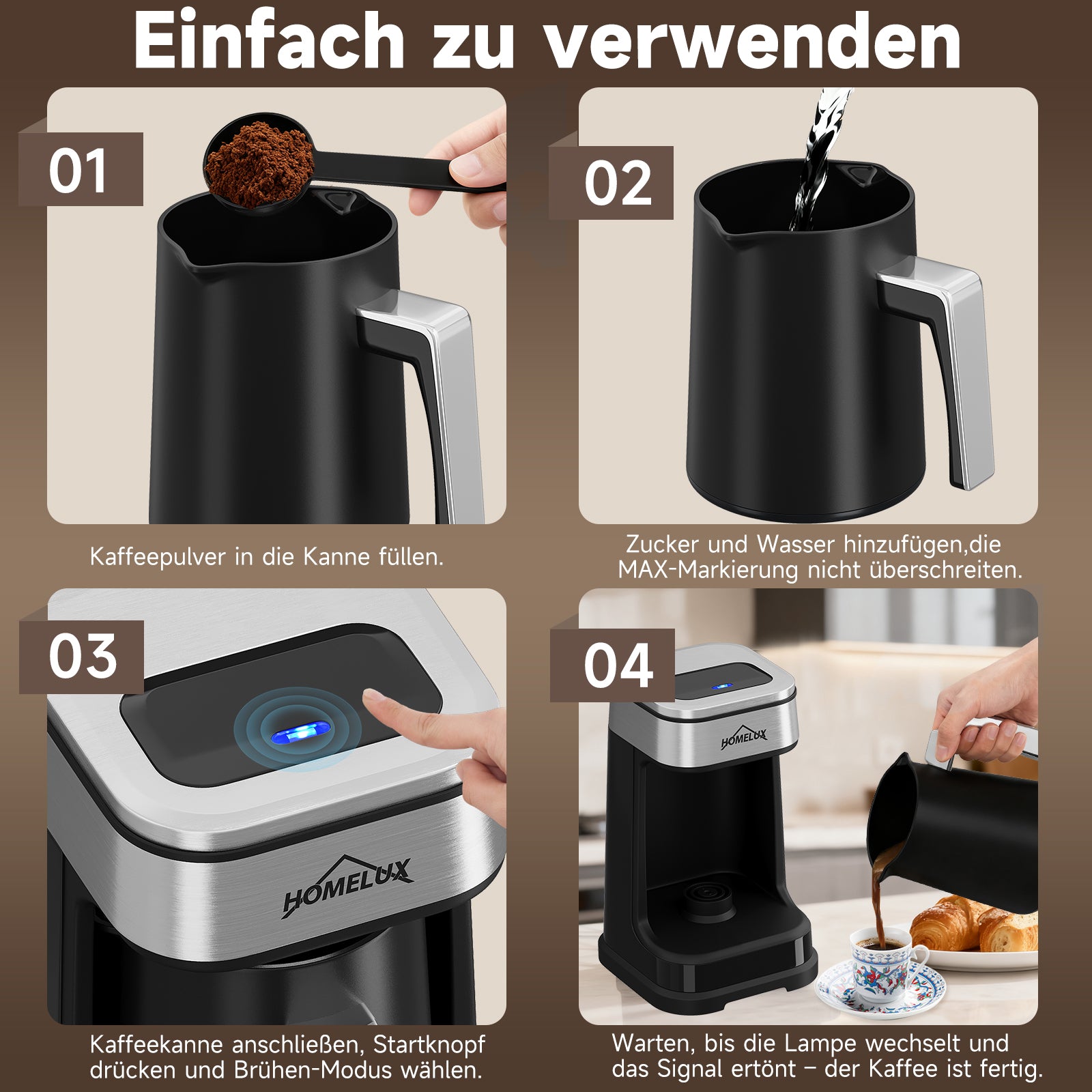 HOMELUX Türkische Kaffeemaschine 650W, Elektrischer Mokka-Zubereiter für 1-4 Tassen, 2 Brühmodi, Ein-Tasten-Bedienung, BPA-frei