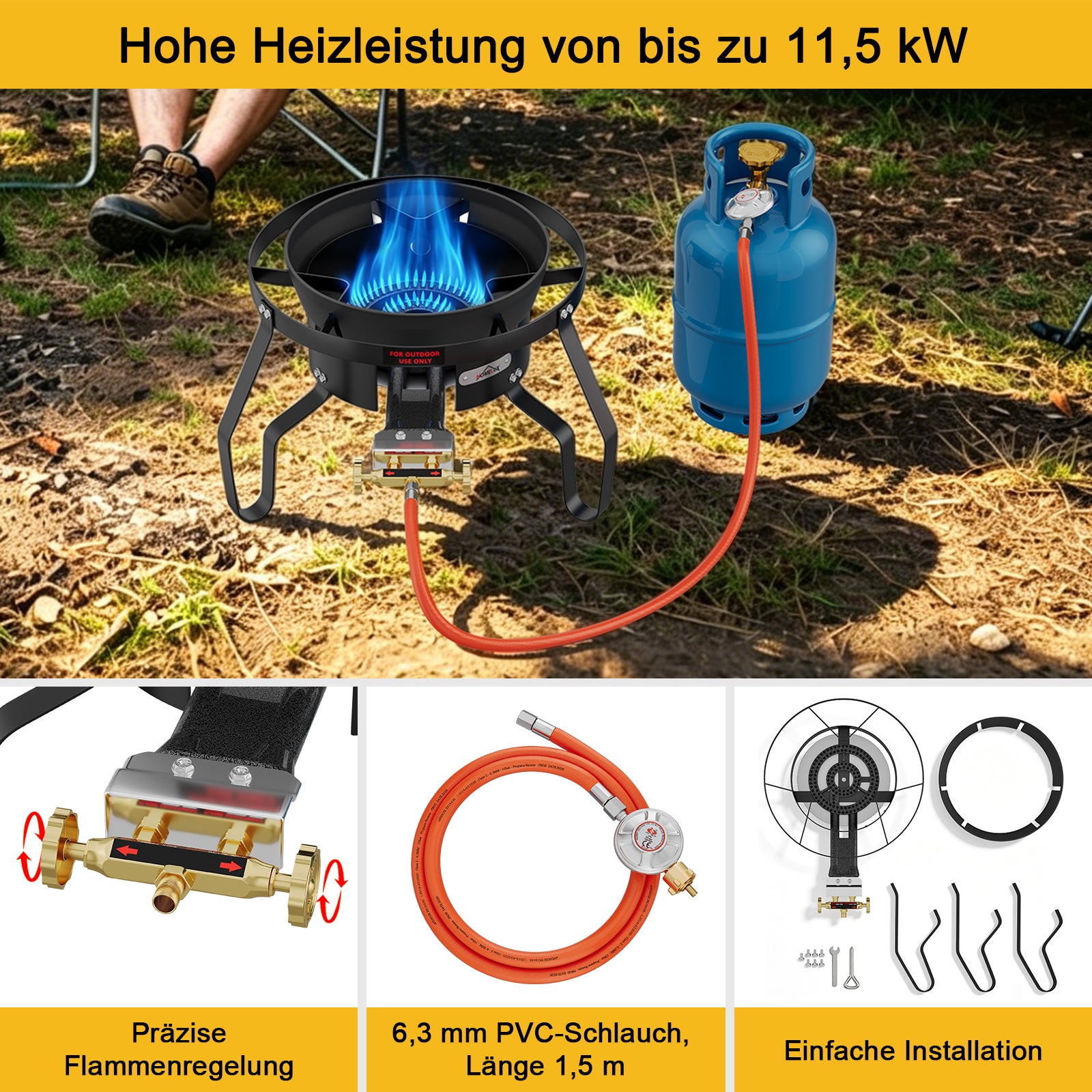 HOMELUX Hochdruck-Gasherd 11,5 kW, Hocker-Kocher aus Gusseisen, Doppelregelventil, Windschutz und Gasschlauch