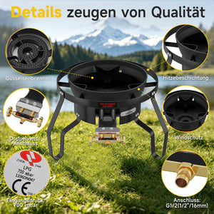 HOMELUX Hochdruck-Gasherd 11,5 kW, Hocker-Kocher aus Gusseisen, Doppelregelventil, Windschutz und Gasschlauch