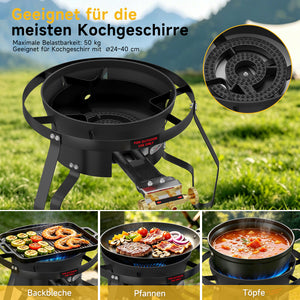 HOMELUX Hochdruck-Gasherd 11,5 kW, Hocker-Kocher aus Gusseisen, Doppelregelventil, Windschutz und Gasschlauch