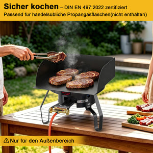 HOMELUX Hochdruck-Gasherd 11,5 kW, Hocker-Kocher aus Gusseisen, Doppelregelventil, Windschutz und Gasschlauch