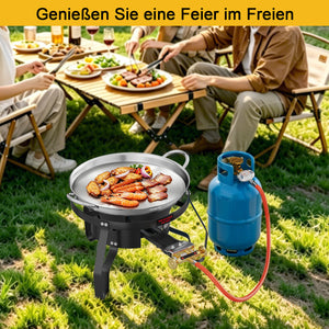HOMELUX Hochdruck-Gasherd 11,5 kW, Hocker-Kocher aus Gusseisen, Doppelregelventil, Windschutz und Gasschlauch