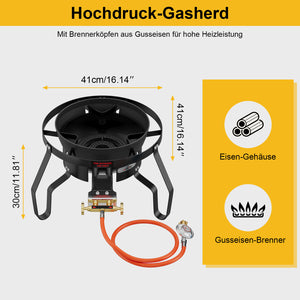 HOMELUX Hochdruck-Gasherd 11,5 kW, Hocker-Kocher aus Gusseisen, Doppelregelventil, Windschutz und Gasschlauch