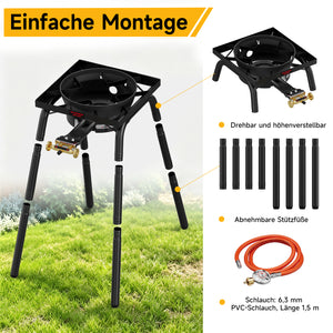 HOMELUX Gas-Hockerkocher 11,5 kW, höhenverstellbarer Outdoor-Gaskocher aus Gusseisen für Camping & den Garten