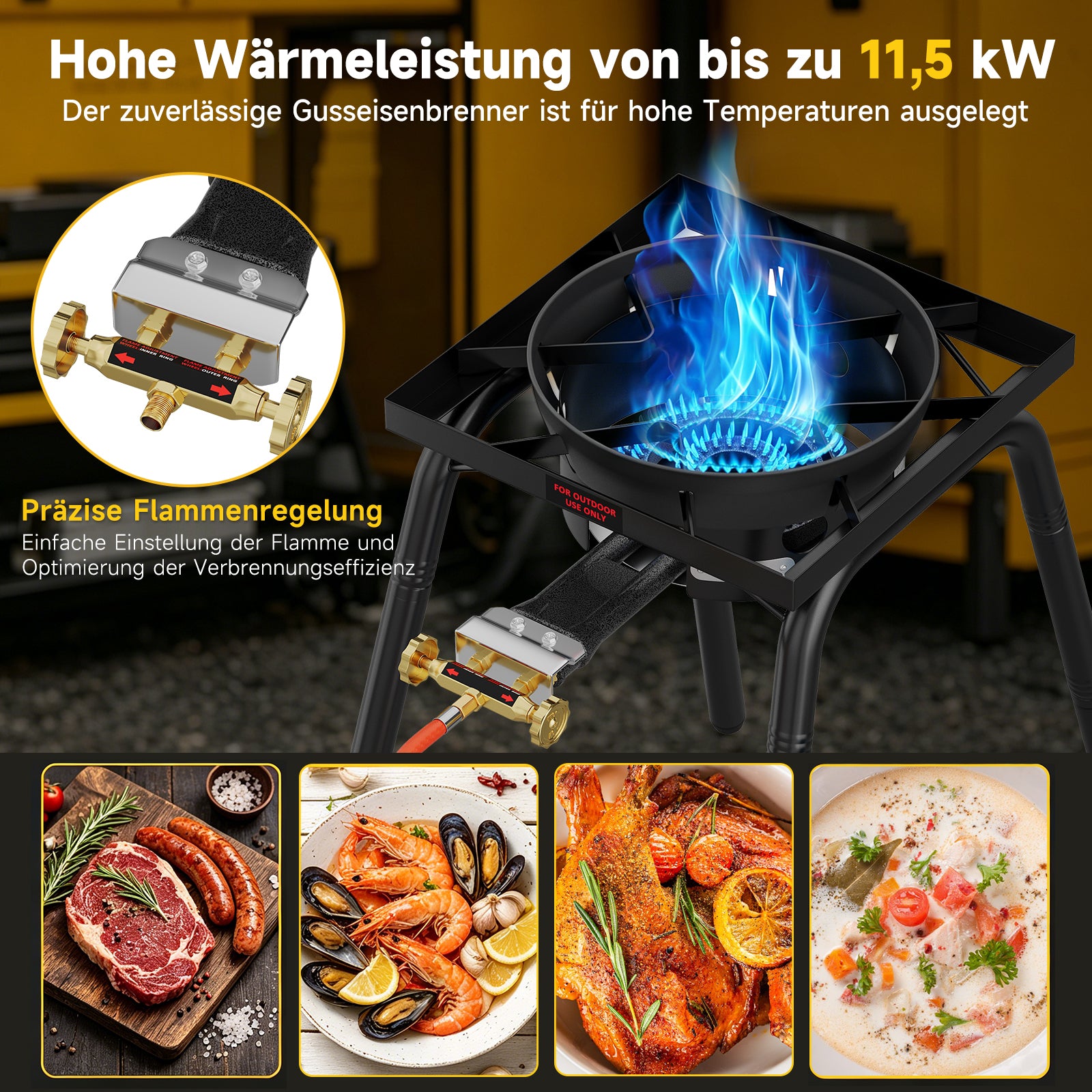 HOMELUX Gas-Hockerkocher 11,5 kW, höhenverstellbarer Outdoor-Gaskocher aus Gusseisen für Camping & den Garten