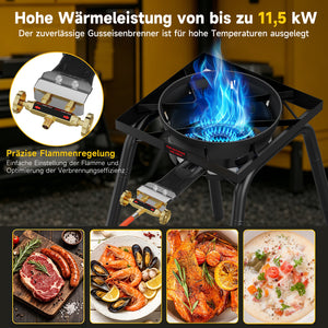 HOMELUX Gas-Hockerkocher 11,5 kW, höhenverstellbarer Outdoor-Gaskocher aus Gusseisen für Camping & den Garten