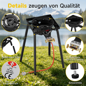 HOMELUX Gas-Hockerkocher 11,5 kW, höhenverstellbarer Outdoor-Gaskocher aus Gusseisen für Camping & den Garten